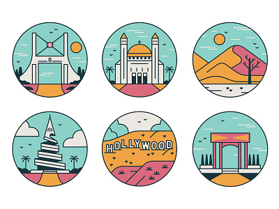 Guess the destinations cities clouds editorial graphic hills iconography icons illustration landmarks linework retro spot illustration travel vector