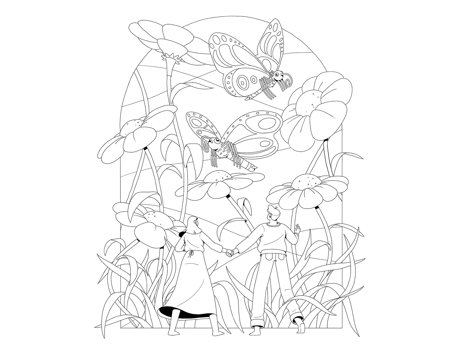 Daydreaming foliage woman man grass linework nature flowers plants butterflies characterdesign drawing graphic character vector illustration