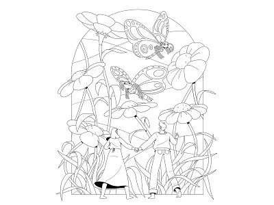 Daydreaming butterflies character characterdesign drawing flowers foliage graphic grass illustration linework man nature plants vector woman