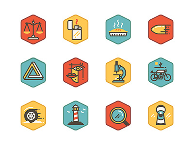 Icon Set bullet icons keyhole lighthouse magnifying glass microscope motorcycle pie scales tyre vector zippo