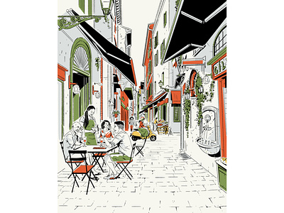 Eat Italy character city dining drawing editorial graphic illustration italy perspective street food texture travel typography