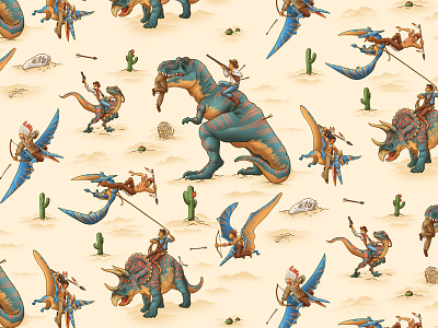 Wild West cactus character characterdesign cowboys desert dinosaurs drawing fighting graphic illustration indians pattern pattern design retro t-rex texture vintage