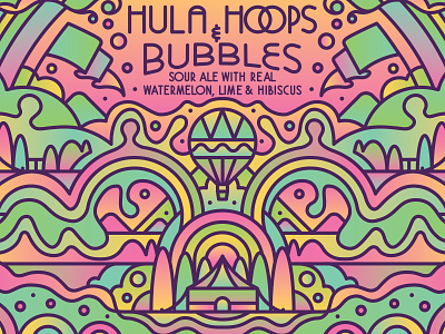 Hula Hoops and Bubbles beer beer can bubbles circus gradients graphic hot air balloon illustration label design label illustration packaging packaging design retro trees vector
