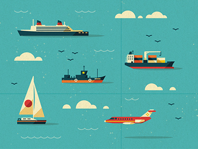 Modes of Transport vector texture ship ocean clouds birds tanker jet plane map water yacht