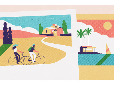 Which Magazine bicycle character characterdesign editorial graphic holiday illustration palm trees postcards texture travel vector