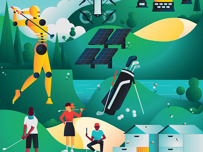 Golfa Magazine bees character characterdesign drone editorial futuristic golf golf course golfing gradients graphic illustration robot solar panel vector