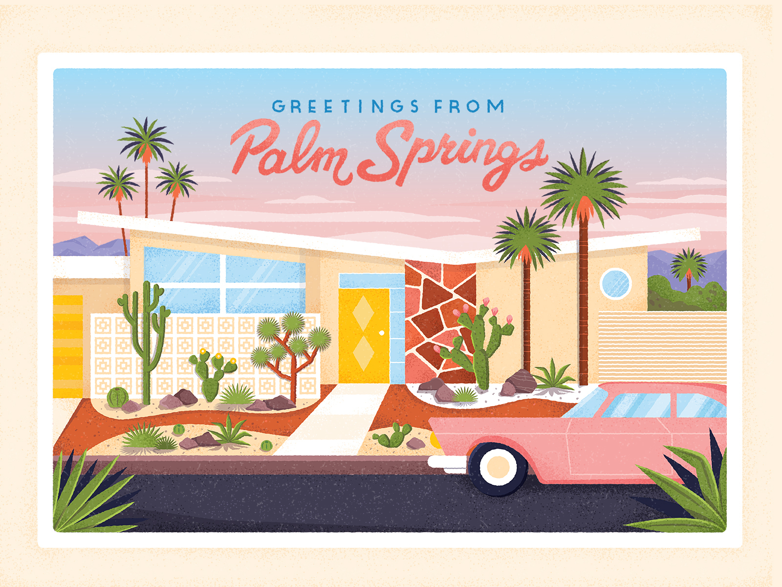 Palm Springs succulents cactus palm tree suburb buildings home cars lettering typography vintage flat retro drawing graphic character vector texture illustration