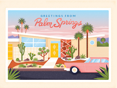 Palm Springs buildings cactus cars character drawing flat graphic home illustration lettering palm tree retro suburb succulents texture typography vector vintage