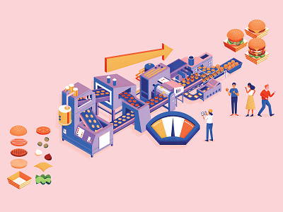 Chicago Booth assembly line burgers character character design conveyor belt editorial graphic illustration isometric retro takeout texture vector