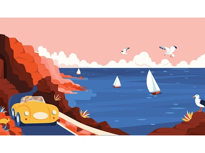 Chapmans Peak cape town car chapmanspeak character characterdesign dassie graphic illustration retro seagulls travel vector yacht