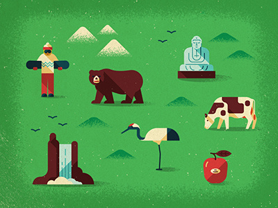 Map elements apple bear bird buddha cow icons map monocle snowboard texture vector waterfall