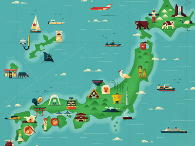 Map of Japan character design editorial icons japan map monocle muti nautical retro texture vector