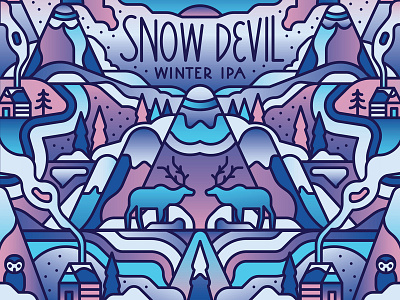 Snow Devil beer beer cans cabins character design gradients graphic illustration lettering linework mountains owl packaging design reindeer retro smoke snow trees typography vector