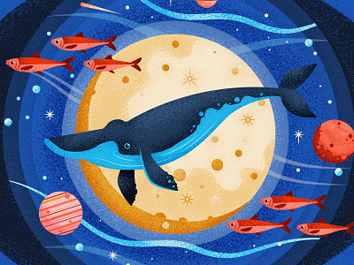 Blue Planet character drawing fish graphic illustration moon planet retro stars texture vector water waves whale