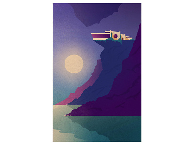 Moonrise cliff clouds geometric gradients graphic holiday house illustration lake minimal moon moonlight ocean retro shadows simple vector water