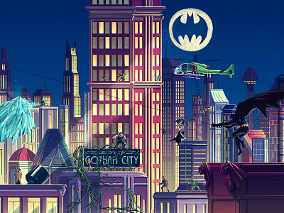 Exploring Gotham batman buildings character city drawing editorial gotham graphic helicopter illustration joker penguin poison ivy texture villians