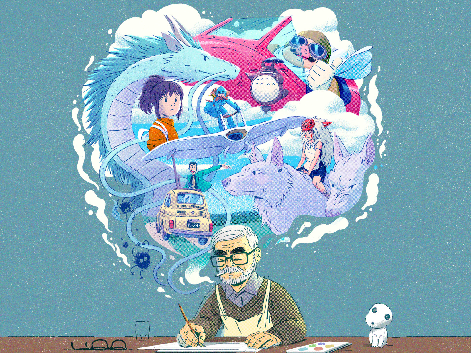 Miyazaki burshes character characterdesign drawing dreaming glasses graphic illustration miyazaki paint retro smoke studioghibli texture