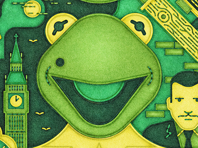 Kermit big ben face felt frog green illustration kermit muppets muti sewn texture wood