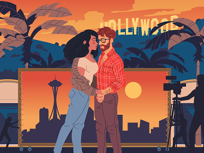 Seattle Met camera character characterdesign city editorial film graphic hollywood illustration man movies palm tree retro seattle seattle met skyline vector woman