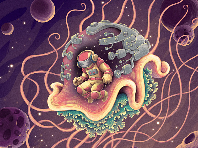 Kepi astronaut character characterdesign drawing graphic illustration jellyfish music planets retro space spacesuit tendrils texture universe