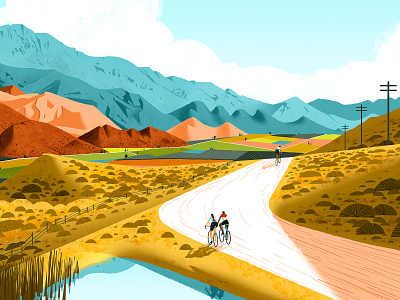 Eroica character characterdesign countryside cyclists drawing editorial graphic illustration lighting mountains off road perspective southafrica texture winelands