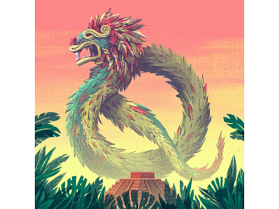 Quetzalcoatl 36 days of type alphabet aztec character dragon drawing feathers foliage fronds graphic halftone illustration lettering q retro temple texture