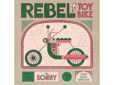 Rebel bike design drawing flat graphic illustration label design lettering linework packaging retro texture toys typedesign typography vector