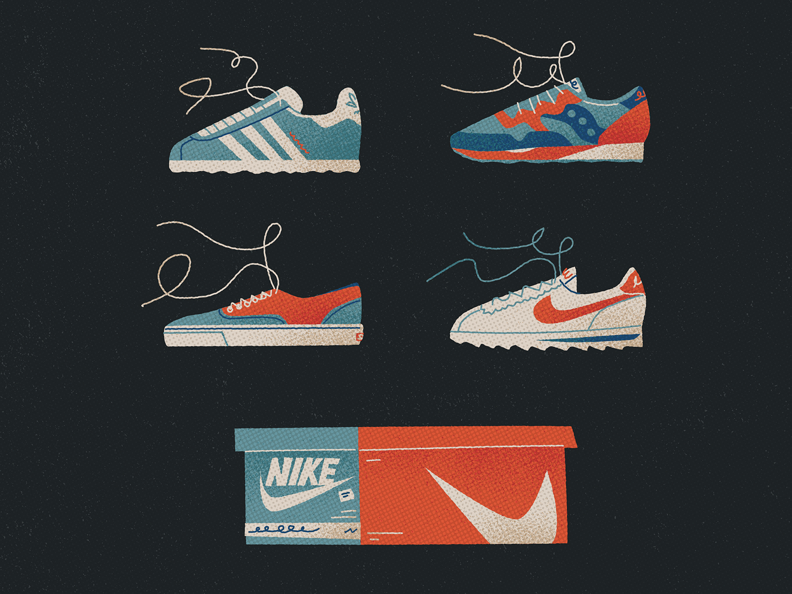 Sneaky Sneaks addidas drawing graphic halftones illustration laces new balance nike nostalgic packaging retro shoes sneakers texture vans vector vintage