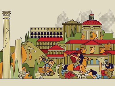 Ancient Rome buildings character coliseum dotscreen drawing editorial fire flames flat graphic horse illustration linework retro romans rome ruins statues vector vector textures