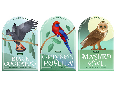 Wines From Down Under birds cockatoo crimsonrosella design digitalpainting drawing gradients graphic graphicdesign illustration labeldesign lettering owl texture typography