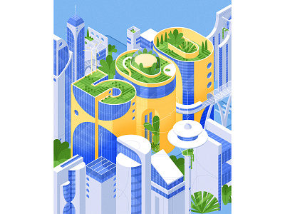 Fortune 500 isometric sky windows city futuristic plants sustainability buildings cover design editorial drawing graphic vector texture illustration