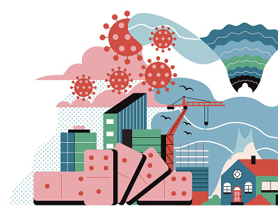 Butterfly Effect buildings butterfly butterfly effect character city covid dandelion domino effect dominos drawing editorial factory graphic illustration leaves linework retro stylised texture vector