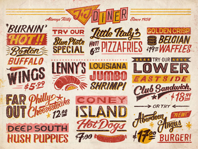 Diner chilli diner hotdog lettering prawn texture typography vintage waffles