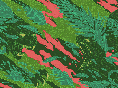 Jungle Green 10 year celebration animals character characterdesign design drawing foliage graphic illustration jungle leaves linework muti panther pattern scales snake texture