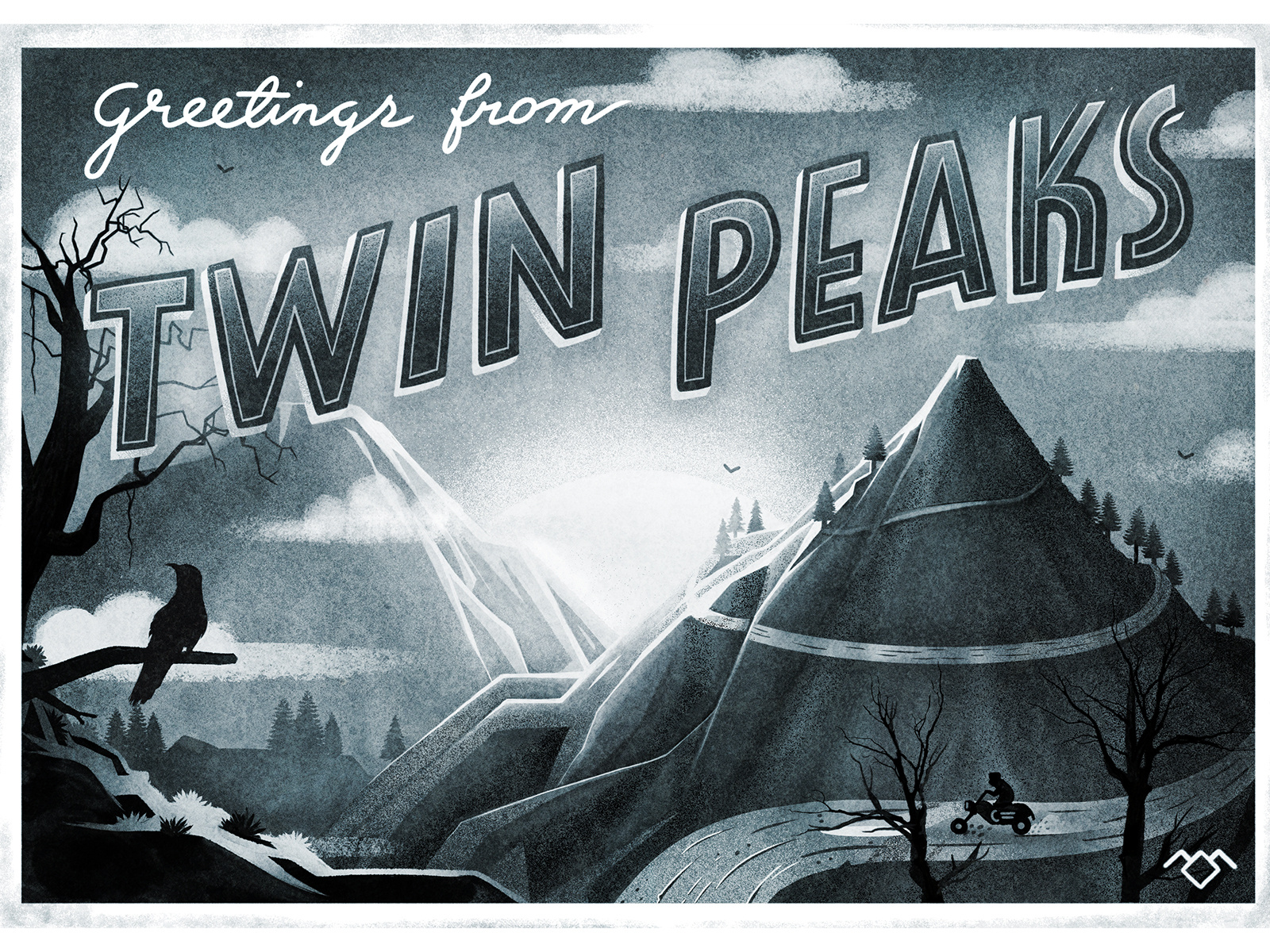 Twin Peaks black and white car character characterdesign david lynch design drawing graphic illustration lettering mountains muti 10 years muti retrospective postcard retro texture trees twin peaks typography vector