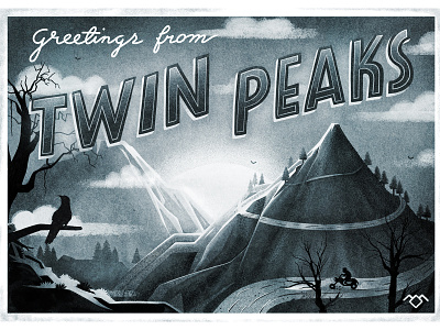 Twin Peaks black and white car character characterdesign david lynch design drawing graphic illustration lettering mountains muti 10 years muti retrospective postcard retro texture trees twin peaks typography vector