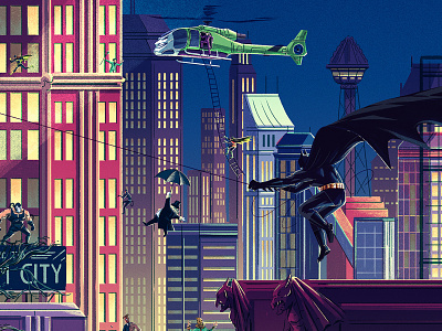 Exploring Gotham batman book design buildings character city cover design dc comics design digital painting drawing editorial gotham graphic helicopter illustration retro texture typography