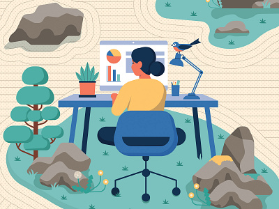 Feeling Zen bonsai character character design design editorial graphic illustration remote work retro rocks texture trees vector woman working zen garden