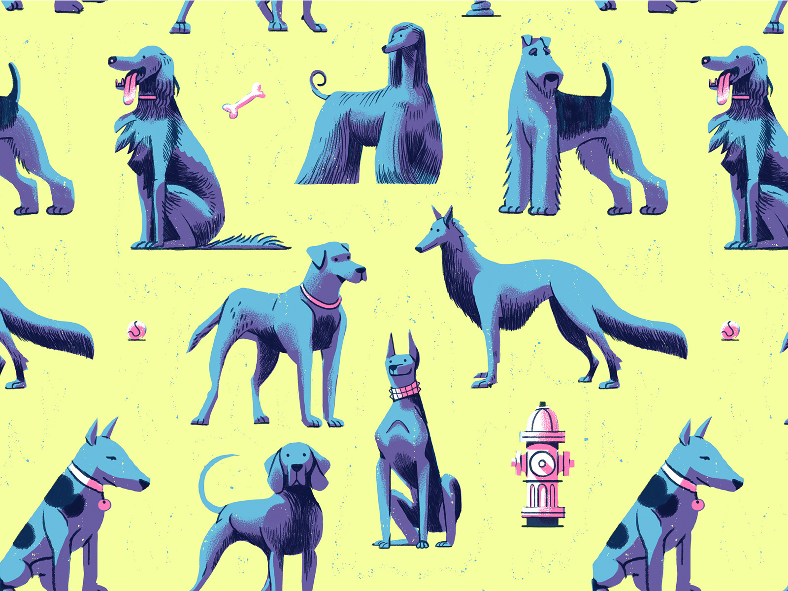 Fetch! animals bones character character design design dogs drawing fetch graphic illustration mans best friend pattern design patterns playful retro tennis ball texture