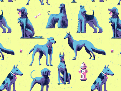 Fetch! animals bones character character design design dogs drawing fetch graphic illustration mans best friend pattern design patterns playful retro tennis ball texture