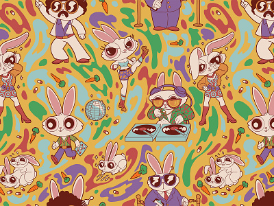 Disco Bunnies bunnies character characterdesign design drawing graphic groovy illustration linework pattern psychedellic rabbits retro texture design vector