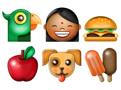 Emoticons apple digital painting dog emoticon girl ham burger ice cream icons illustration indian parrot vector
