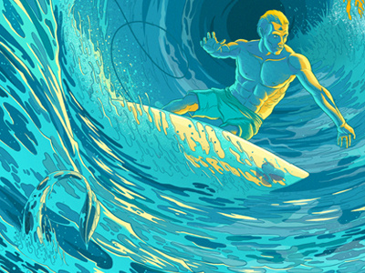 Surf's up! art blue drawing foam man ocean sea surf surfboard surfing tentacle water