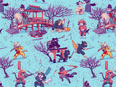 Samurai Cats blood cats character character design cherry blossom design drawing fight graphic illustration ninja pattern pattern illustration retro samurai textile design texture