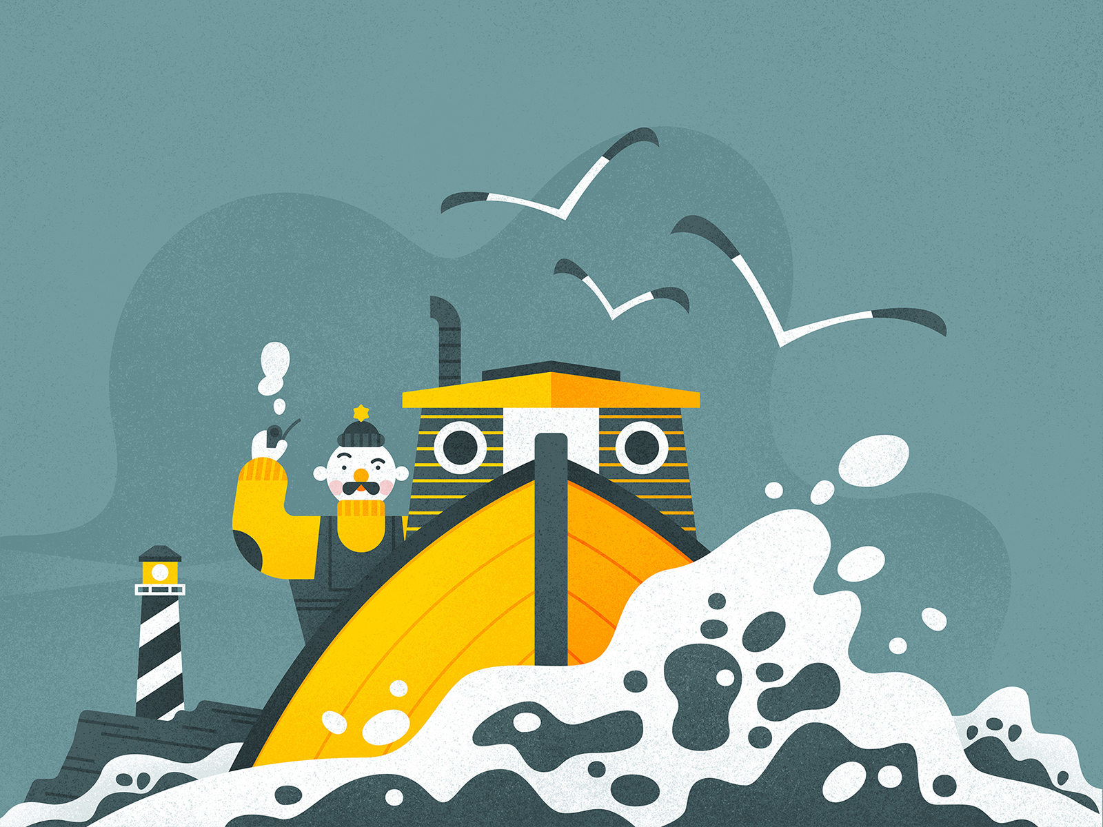 Ahoy! birds boat captain character characterdesign drawing graphic illustration lighthouse ocean pipe sailor seagulls texture vector waves