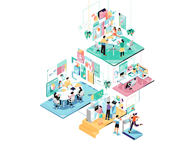 Working Group character data design drawing exercise graphic heartrate illustration isometric meetings office perspective plants projections texture vector work workspace