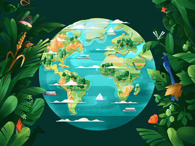 Planet Earth animal birds character cover design drawing earth editorial flowers foliage globe graphic illustration leaves nature planet earth texture vector vegetation