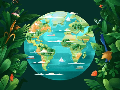 Planet Earth animal birds character cover design drawing earth editorial flowers foliage globe graphic illustration leaves nature planet earth texture vector vegetation