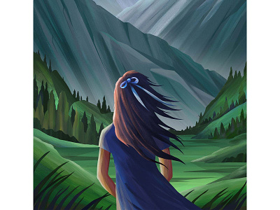The People from Beyond the Mountains character character design design digitalpainting drawing girl greenery hair bow illustration landscape mountains nature texture wind