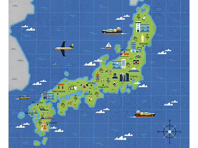 Japan character characterdesign compass design drawing graphic illustration investments japan map map illustration retro texture travel vector